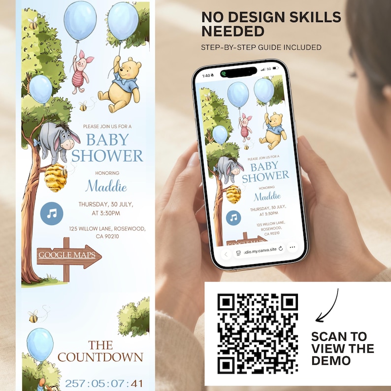 May include: A baby shower invitation design featuring Winnie the Pooh characters, blue balloons, and the text "Baby Shower." The invitation includes event details and a countdown timer. A smartphone displays the invitation.