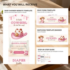 May include: A baby shower website template, RSVP form template, matching banner, and step-by-step guide are shown. The templates feature a pink and brown cowgirl theme with a cowboy hat and the text "A little cowgirl is on her way!"