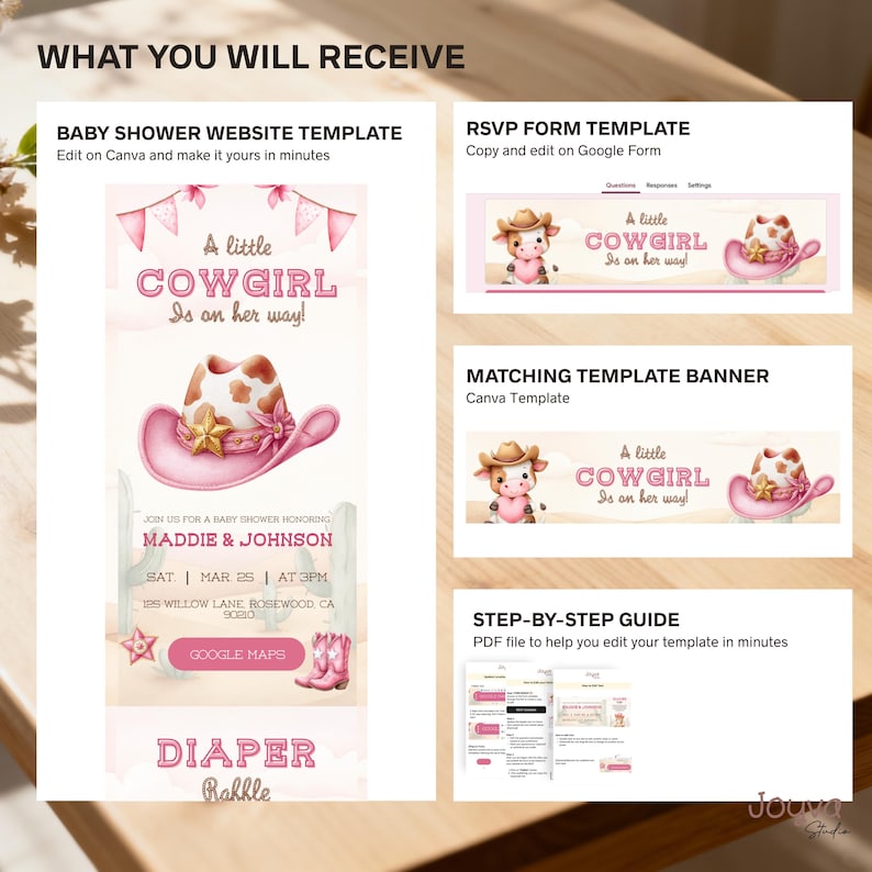 May include: A baby shower website template, RSVP form template, matching banner, and step-by-step guide are shown. The templates feature a pink and brown cowgirl theme with a cowboy hat and the text "A little cowgirl is on her way!"