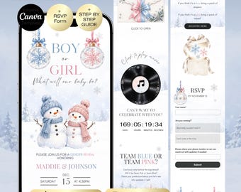 Winter Snowflake Gender Reveal Website Template | Snowman & Snowgirl Boy or Girl Invitation | Canva Digital RSVP | Winter Baby Reveal