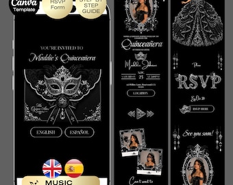 Quinceañera Masquerade Invitation with RSVP | Masquerade Birthday Website Editable Trackable RSVP | Black Silver Quince English Spanish