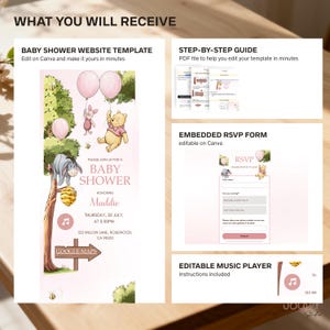 May include: A baby shower website template featuring Winnie the Pooh characters, balloons, and event details. Includes an RSVP form, a step-by-step guide, and an editable music player. The invitation is for a baby shower honouring Maddie.