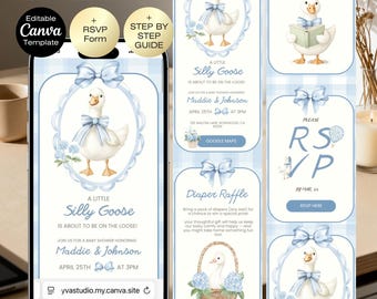 Sito web di inviti per baby shower "Silly Goose" con RSVP / Boy Coquette Blue Bow Goose / Invito per baby shower, tema oca / Download digitale