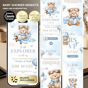 May include: A baby shower website template with a blue and white theme. The design features a teddy bear in aviator goggles and a scarf, with the text "A Little Explorer is on the way." Includes RSVP and music options.