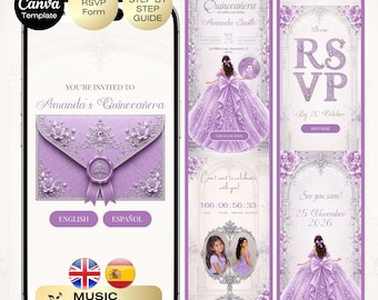 Quinceañera Invitation with RSVP Purple | Sweet 16 Website RSVP & Countdown, 15th Birthday English Spanish Lilac Lavender Purple Silver