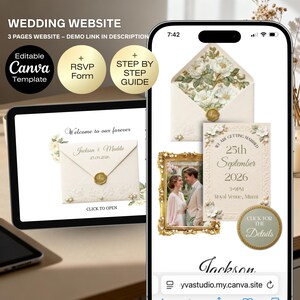 May include: A wedding website template displayed on a tablet and smartphone. The design features floral elements, a gold seal, and the text "Welcome to our forever." The smartphone shows a wedding invitation with the date and time.