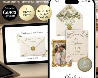Creamy Sage Green Wedding Website Template | Digital Floral Wedding Website | Sage Green Editable + RSVP Tracker | Canva Invitation Template