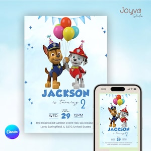 Paw Patrol Chase Marshall Geburtstagseinladung Junge | Bearbeitbare Einladungsvorlage | Druckbar einladen | Puppy Patrol digitale Karte | Leinwand Download