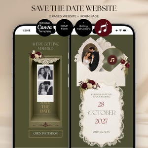 May include: A digital save the date website template displayed on two smartphone screens. The design features a dark olive green background, ornate cream-colored lace frames, burgundy and cream floral accents, and a vinyl record graphic.