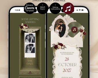 Olive Green Burgundy Save The Date Website Canva Template with RSVP | Music + RSVP Wedding invitation | Photo booth wedding website template