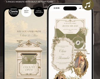 Sage Green Ivory Wedding Website Canva Template with RSVP | Music + RSVP Old money Wedding invitation | Luxury Vintage Mailbox animated