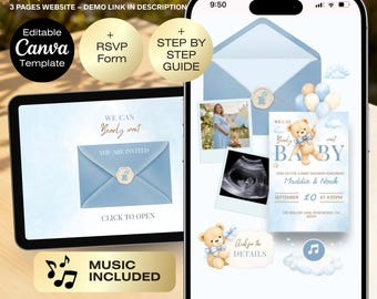 We can bearly wait Baby Shower Invitation Website + RSVP, Editable teddy bear Invite, Boy Invite Template, Envelope reveal Bear baby shower