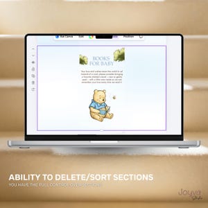 May include: A laptop displays a digital design for a baby shower. The design features the text "BOOKS FOR BABY" with a Winnie the Pooh illustration. The design also includes the text "ABILITY TO DELETE/SORT SECTIONS".
