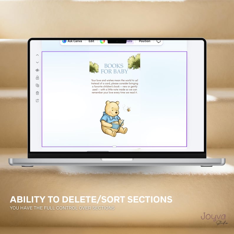 May include: A laptop displays a digital design for a baby shower. The design features the text "BOOKS FOR BABY" with a Winnie the Pooh illustration. The design also includes the text "ABILITY TO DELETE/SORT SECTIONS".