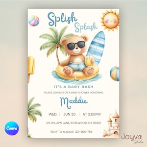 Puede incluir: Invitación a un baby shower con una ilustración en acuarela. Un oso de peluche con gafas de sol flota en una boya amarilla, sosteniendo una bebida. La invitación incluye el texto "Splish Splash", "It's a Baby Bash" y los detalles del baby shower.