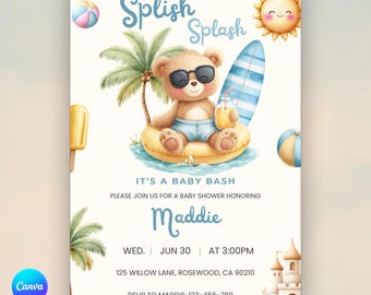 Summer Baby Shower Invitation, Bear Splish Splash Baby Shower, Printable Canva Sunshine Baby shower, Pool Beach Baby Shower, Blue Template