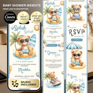 Könnte beinhalten: Eine Babyparty-Website-Vorlage mit Strand-Thema. Das Design zeigt einen Cartoon-Bären mit Sonnenbrille und Getränk, mit dem Text "Splish Splash" und "It's a Baby Bash". Enthält RSVP- und Save-the-Date-Karten.