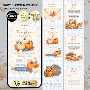 Puede incluir: Una plantilla de sitio web para baby shower con fondo de cuadros vichy azul claro e ilustraciones de calabazas en acuarela. El diseño incluye secciones para detalles del evento, lista de regalos, libros y un formulario RSVP.