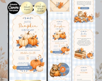 A Little Pumpkin Is On The Way Baby Shower Website Invitation | Baby boy Fall Baby Shower Invite | Editable Canva Website with RSVP
