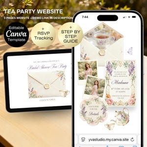May include: A digital display of a tea party website on a tablet and smartphone. The website features a bridal shower tea party invitation, RSVP tracking, and a step-by-step guide. The design includes floral elements, teacups, and the text "Tea Party Website".