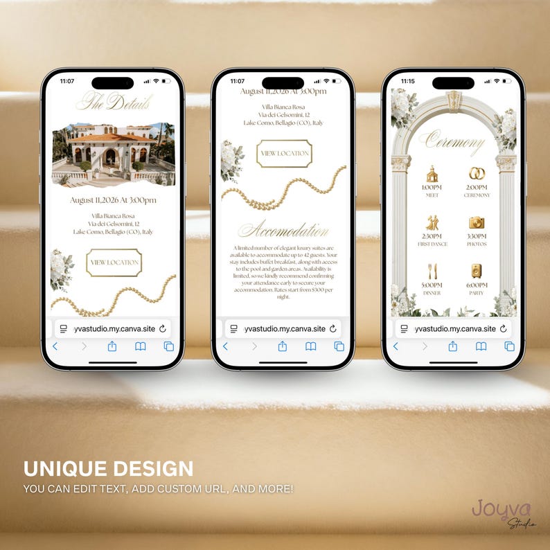 May include: Three smartphones displaying wedding details. The first screen shows event details with a villa image. The second screen details accommodation information. The third screen displays the ceremony schedule. All screens have a gold and white design.