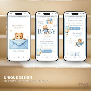 May include: Three smartphone screens displaying baby shower invitations. The designs feature teddy bears, balloons, and airplanes in blue and gold. Text includes "Baby Boy" and event details. The bottom of the image reads "UNIQUE DESIGN".