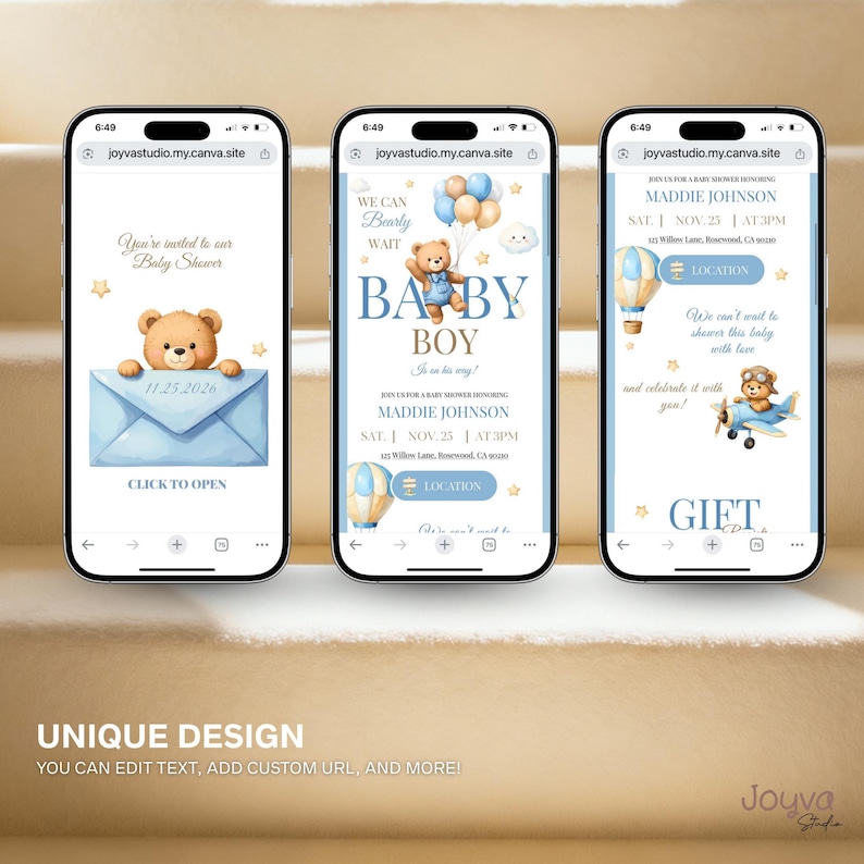 May include: Three smartphone screens displaying baby shower invitations. The designs feature teddy bears, balloons, and airplanes in blue and gold. Text includes "Baby Boy" and event details. The bottom of the image reads "UNIQUE DESIGN".