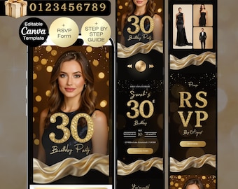 30th Birthday Invitation website with RSVP | Luxury Elegant black gold Birthday invite | Women Men 30th 40th 50th 60th 70th 80th Birthday