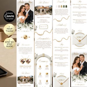 May include: A wedding invitation template with a photo of a couple, floral accents, and event details. The design includes RSVP information, a step-by-step guide, and the text "Editable Canva Template."