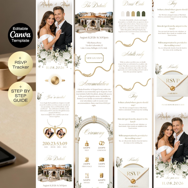 May include: A wedding invitation template with a photo of a couple, floral accents, and event details. The design includes RSVP information, a step-by-step guide, and the text "Editable Canva Template."