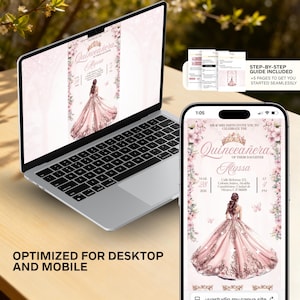 May include: A laptop and smartphone display a Quincea&ntilde;era invitation design. The design features a pink gown illustration, floral accents, and the name "Alyssa." The text "Optimized for Desktop and Mobile" is visible.