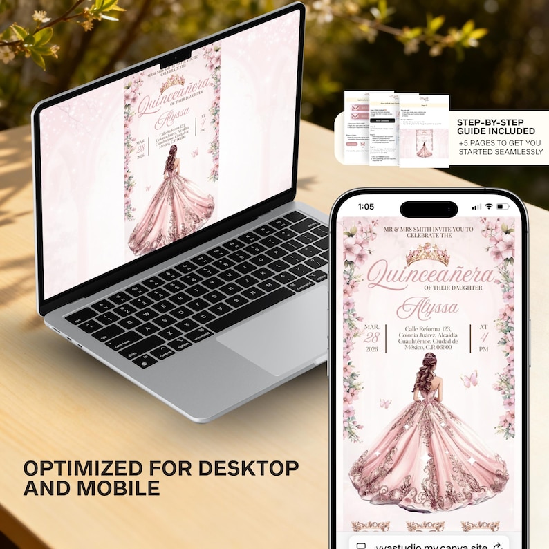 May include: A laptop and smartphone display a Quincea&ntilde;era invitation design. The design features a pink gown illustration, floral accents, and the name "Alyssa." The text "Optimized for Desktop and Mobile" is visible.