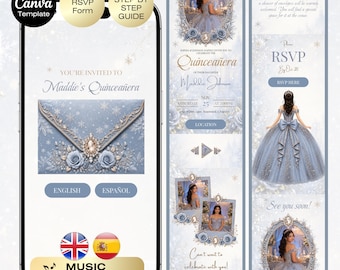 Quinceañera Dusty Blue Invitation with RSVP | Winter Blue Gold 16 Website Editable Trackable RSVP | Royal Winterland English Spanish