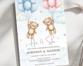 EDITABLE Teddy Bears Gender Reveal Invitation, Baby Boy Or Girl Party Invite Template, He Or She, Boho Watercolor Bear with Balloons