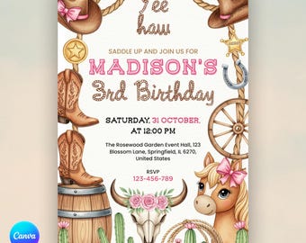 Invitación editable de cumpleaños de niña rodeo, invitación de cumpleaños de vaquera, invitación de primer cumpleaños de niña rodeo, invitación de cumpleaños de rodeo rosa