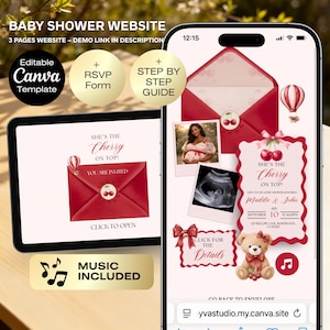 May include: A baby shower website template shown on a tablet and smartphone. The design includes a red envelope with cherry details, a teddy bear, and the text "She's the Cherry on Top!" Features an RSVP form, step-by-step guide, and an editable Canva template.