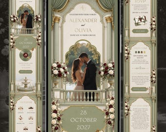 Sage Green Burgundy Wedding Website Canva Template with RSVP | Music + RSVP Old money Wedding invitation | Luxury Envelope Olive green