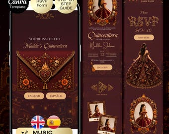 Quinceañera Burgundy Gold Invitation with RSVP | Halloween Sweet 16 Website Editable Trackable RSVP |  Book of Life Quince English Spanish