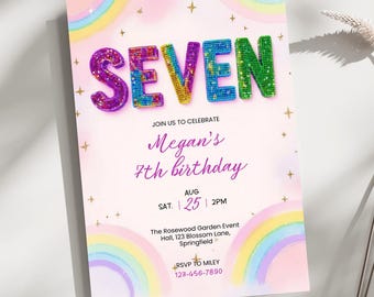 7th Birthday Invitation Girl Editable Rainbow Sequin Glitter Invite Printable Template for Girls Party, Girls Pink Birthday Invite