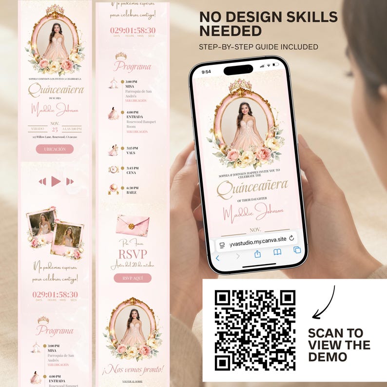 Quinceañera Digital Invitation with RSVP | Sweet 16 Website Editable Trackable RSVP & Countdown, 15th Birthday English Spanish Canva Invite image 3