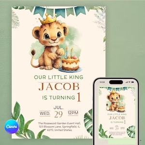 König der Löwen Geburtstagseinladung: Simba Safari, Wild One (Canva Digital Download 5x7)