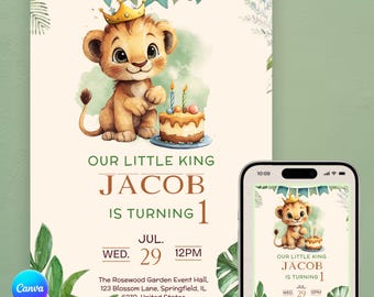 Lion King Birthday Invitation: Simba Safari, Wild One (Canva Digital Download 5x7)