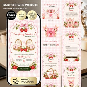 May include: A digital baby shower website template featuring a pink gingham background, strawberry illustrations, and two woven bassinets. The design includes text such as Two Berry Sweet Are On The Way, RSVP, and Diaper Raffle, with interactive buttons.