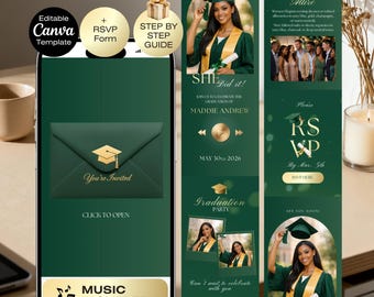 Graduation Invitation Website | Class of 2026 Graduation party | Graduation Invite with RSVP | Green gold Grad 2026 | He She did it