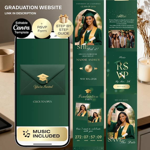 Graduation Invitation Website | Class of 2026 Graduation party | Graduation Invite with RSVP | Green gold Grad 2026 | He She did it