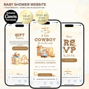 Puede incluir: Tres smartphones que muestran una plantilla de sitio web para baby shower con tema de vaquero. El diseño incluye el texto "A little Cowboy is on his way!" y "RSVP". Incluye un registro de regalos y un formulario RSVP.