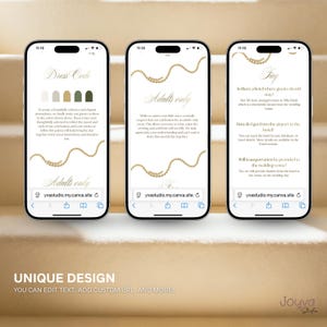 May include: Three iPhones displaying wedding invitation designs. The screens show text about dress code, adults-only event, and FAQs. Each design features a gold necklace graphic and a neutral color palette. The bottom of the image reads "UNIQUE DESIGN".