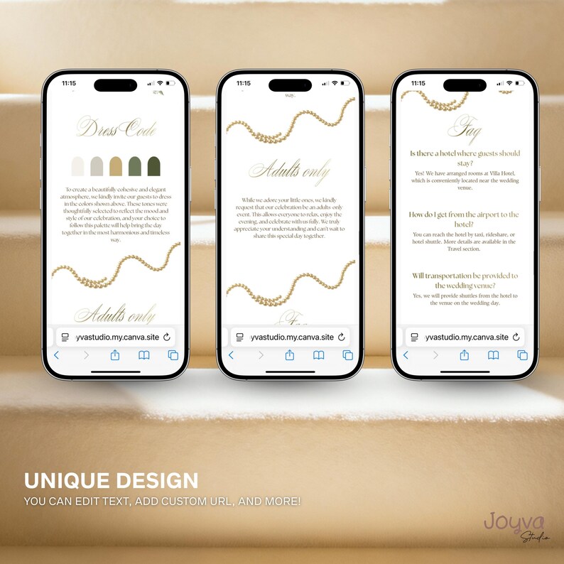 May include: Three iPhones displaying wedding invitation designs. The screens show text about dress code, adults-only event, and FAQs. Each design features a gold necklace graphic and a neutral color palette. The bottom of the image reads "UNIQUE DESIGN".