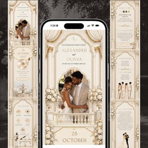 Puede incluir: Una invitación de boda digital mostrada en la pantalla de un teléfono inteligente, con un marco arquitectónico de color crema con columnas y arreglos florales. El diseño incluye los nombres Alexander y Olivia, la fecha 28 de octubre de 2027 y detalles.