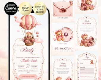We can bearly wait baby shower invitation website with RSVP tracker | Editable Pink Burgundy Girl Baby Shower | Teddy bear Baby Shower